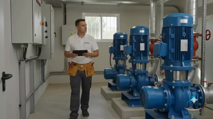 Técnico de ADEMSA supervisa equipos dentro de la oficina técnica de una propiedad horizontal